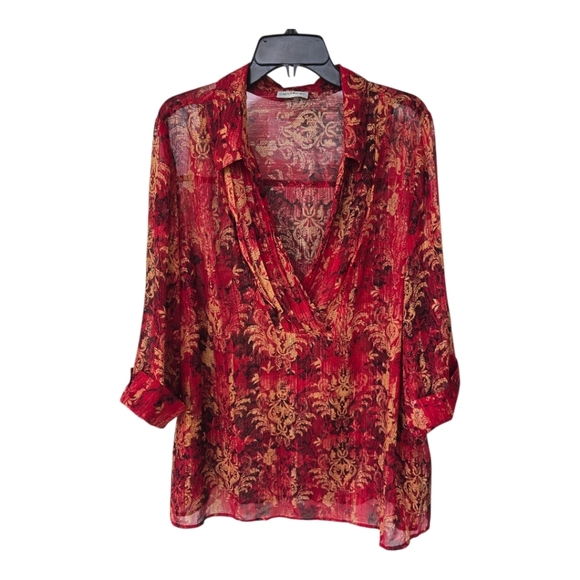 Catherines Sheer Tunic Top 2X Plus Womens 3/4 Sleeve Orange Paisely Open Front - Picture 1 of 15